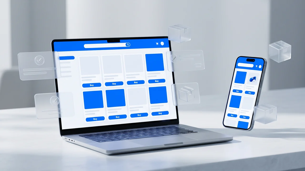 Laptop and smartphone showing an e-commerce storefront and checkout