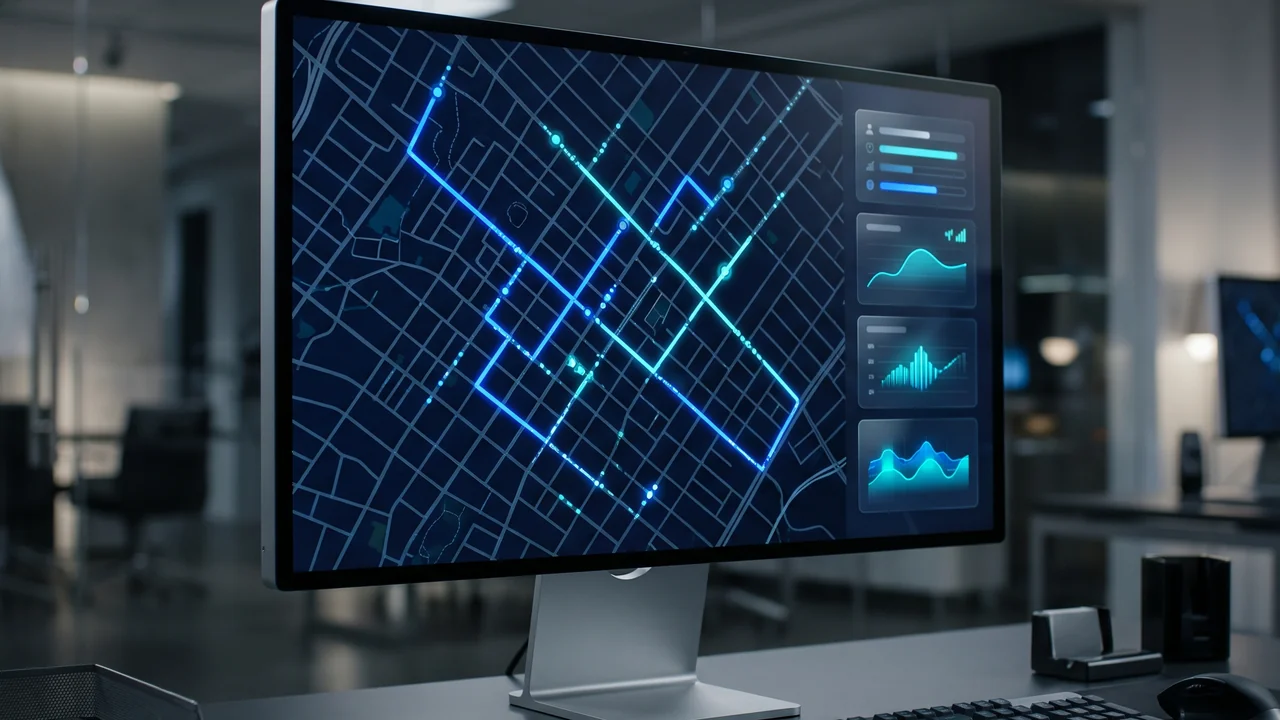 Fleet telemetry dispatch screen showing live vehicle routes over a city map