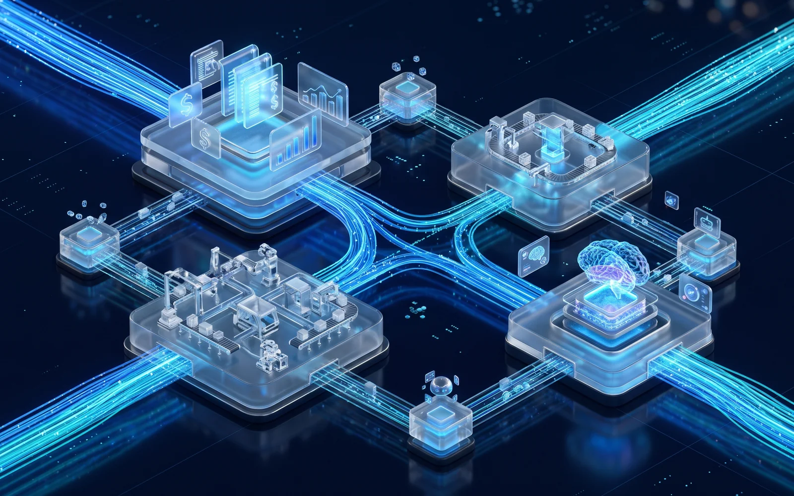 Isometric illustration of finance, logistics, production and AI modules connected by streams of live data